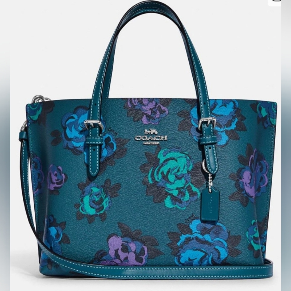 Coach Mollie Tote Large Teal Blue Floral Satchel Cf328 Rare